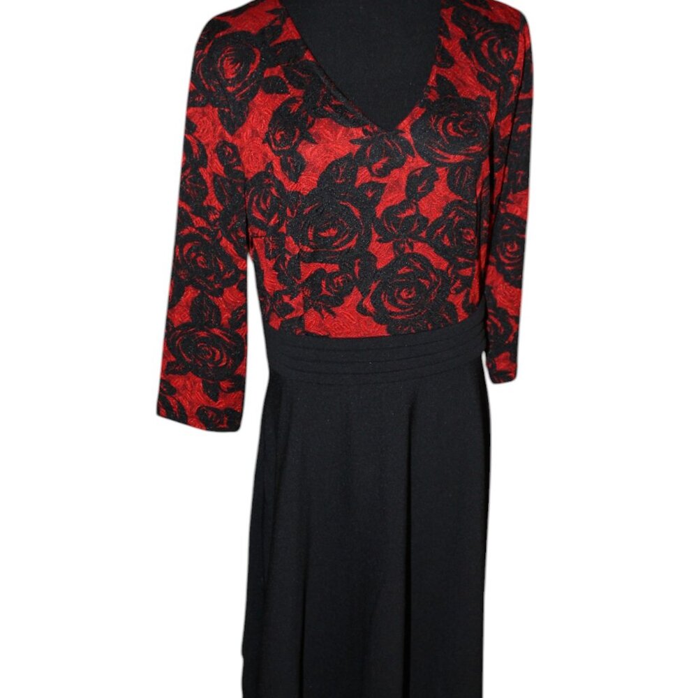 HOMEYEE Red Black Floral Print Top V-Neck 3/4 Sleeves Dress Size 10 EUC
